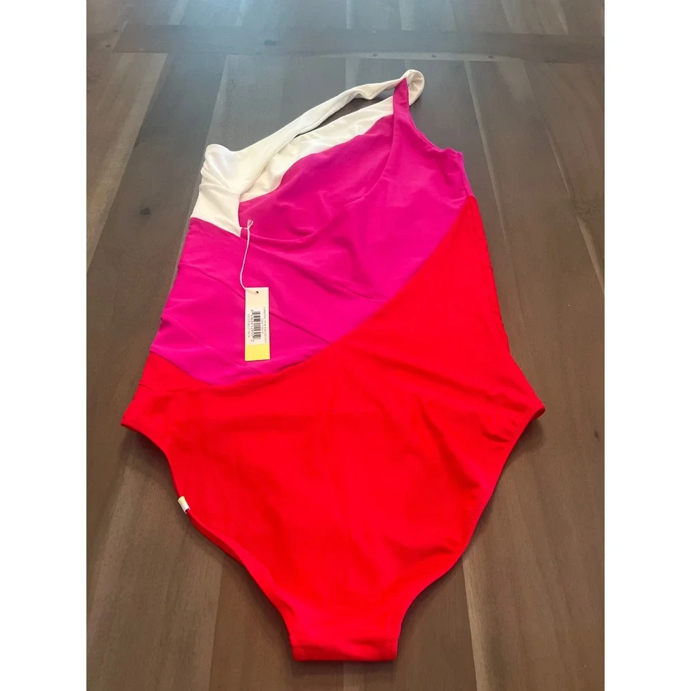Summersalt The Sidestroke One Shoulder Swimsuit Colorblock Pink White Red 14LT